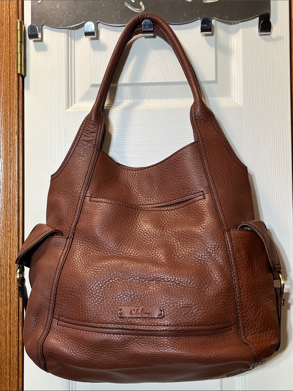 Cole Haan Tobacco Brown Pebbled Leather Shoulder Bag Purse Tote Gold Tone Trim - Picture 16 of 16